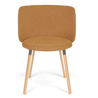 CADEIRA DESIGN MARELLI ESTOFADA BAIXA ARCO FIXA MESCLA OCRE PÉ MADEIRA